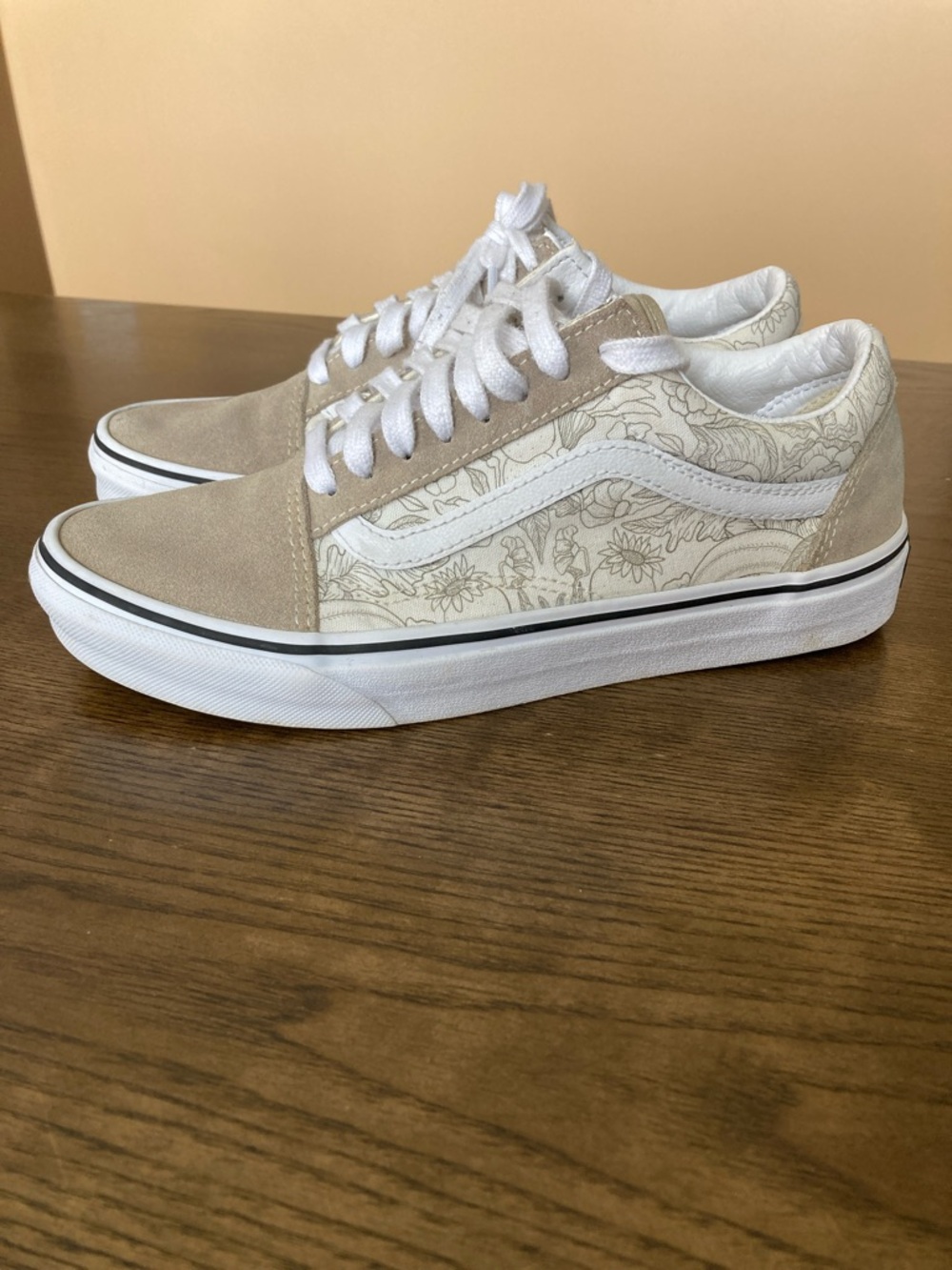 Vans White Floral & Tan Suede Old Skool Sneakers